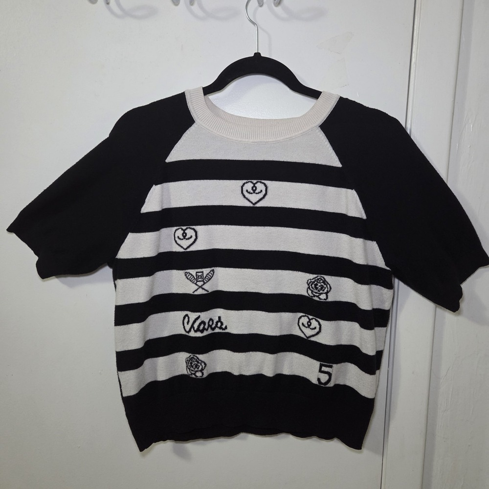 Toobic Paris Striped Knit Sweater Black White Short Sleeve Nautical Anchor